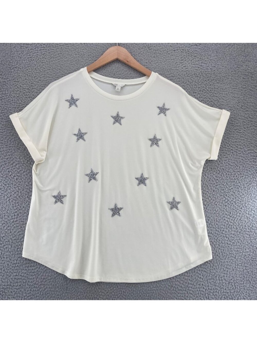 Cato Top Womens Extra Large Ivory Rhinestone Stars Dolman Short Sleeve Stretch